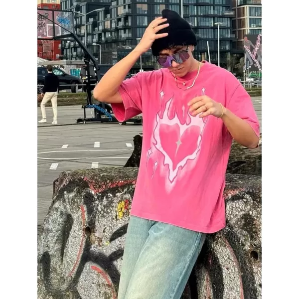 imageAelfric Eden Mens Oversized T Shirts Tees Distorted Portrait Print Crew Neck Cotton Tops Streetwear Casual Shirt1511pink