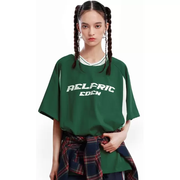 imageAelfric Eden Womens Oversized Tshirts Unisex Vintage Graphic Tees Arc Patchwork Cotton Summer Tops StreetwearGreen