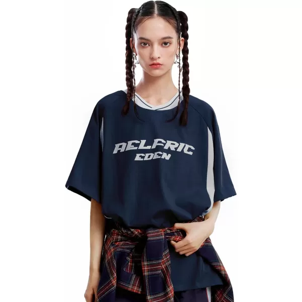 imageAelfric Eden Womens Oversized Tshirts Unisex Vintage Graphic Tees Arc Patchwork Cotton Summer Tops StreetwearNavy Blue