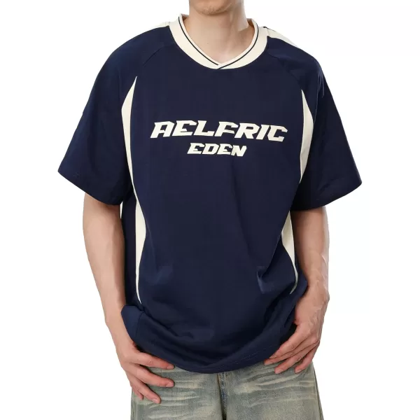 imageAelfric Eden Womens Oversized Tshirts Unisex Vintage Graphic Tees Arc Patchwork Cotton Summer Tops StreetwearNavy Blue