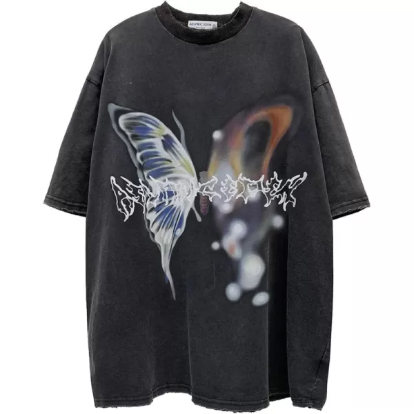 imageAelfric Eden Mens Graphic Tees Y2k Butterfly Print Oversized T Shirts Washed Vintage Streetwear Shirt Casual TopsBlack