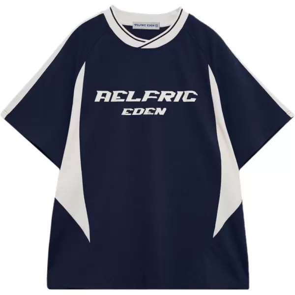 imageAelfric Eden Womens Oversized Tshirts Unisex Vintage Graphic Tees Arc Patchwork Cotton Summer Tops StreetwearNavy Blue