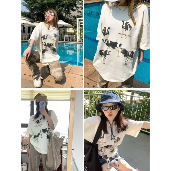 imageAelfric Eden Dairy Cow Print Tee Vintage Oversize Shirts Summer Unisex Casual Harajuku Top Tshirt26white