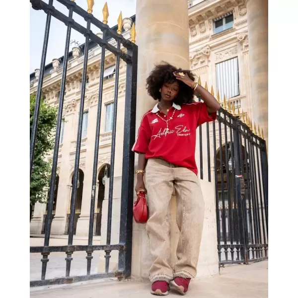 imageAelfric Eden Vintage Patchwork Polo Tee Oversized Button Down Graphic Short Sleeve TshirtsRed