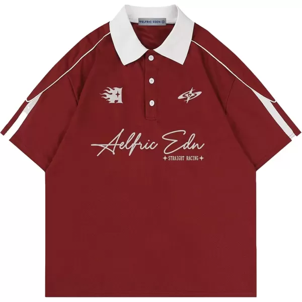 imageAelfric Eden Vintage Patchwork Polo Tee Oversized Button Down Graphic Short Sleeve TshirtsRed