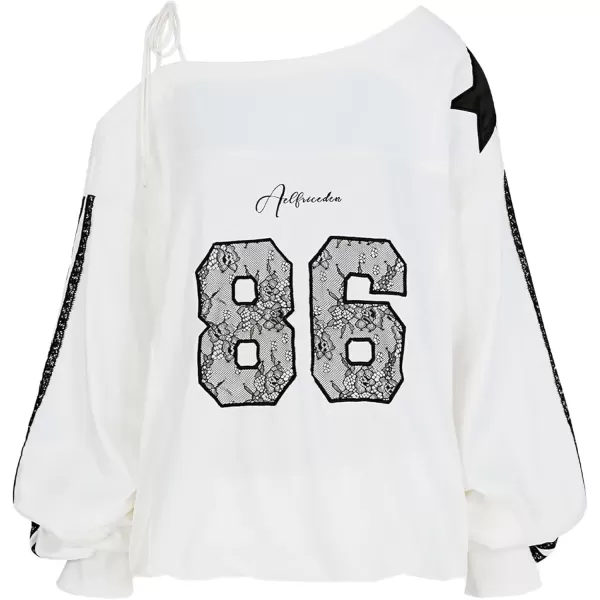 imageAelfric Eden Off The Shoulder Lace Embroidery Sweatshirt Long Sleeve Y2K jersey Sweatshirts Oversized Baggy Pullover TopWhite