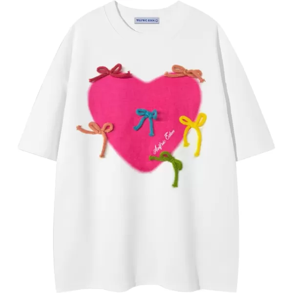 imageAelfric Eden Womens Oversized T Shirts Tees Heart Bow Print Crew Neck Tops Y2k Streetwear Short Sleeve Casual ShirtWhite