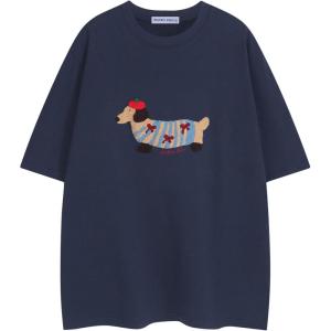 imageAelfric Eden Cartoon Dog Tee Shirt Cotton Graphic TShirts Cute Casual Summer Oversized Shirts Streetwear TopsNavy Blue