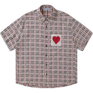 imageAelfric Eden CutOut Heart Short Sleeve Shirt Collar Button Down Plaid Casual Tshirt TopsKhaki