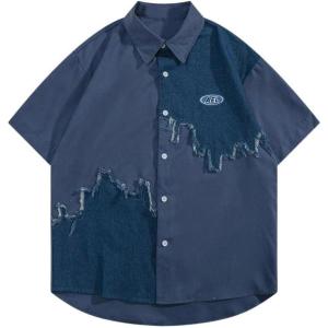 imageAelfric Eden Fringe Short Sleeve Shirts Patchwork Button Down Shirts Streetwear Aesthetic Solid Color Hawaiian Shirts01blue