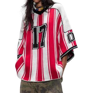 imageAelfric Eden Oversized T Shirts Number Stripe Graphic Unisex Knit Tee Color Blocking Y2k Short Sleeve 2025 Trend TopsRed