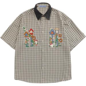 imageAelfric Eden Shirts Plaid Embroidery Short Sleeve Shirt Casual Graphic TShirts Men Button Down Tee Tops OufitsBlack