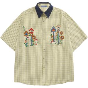 imageAelfric Eden Shirts Plaid Embroidery Short Sleeve Shirt Casual Graphic TShirts Men Button Down Tee Tops OufitsYellow