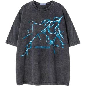 imageAelfric Eden Washed Lightning Graphic Tees Y2k Oversized TShirts Vintage Unisex Streetwear Cotton Shirt Casual Summer TopsGrey