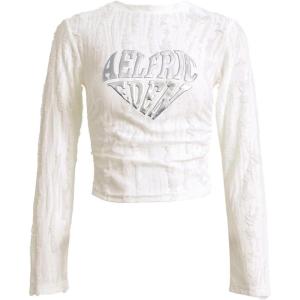 imageAelfric Eden Y2K Crop Top Long Sleeve Womens Letter Graphic TShirts Slim Fit Crewneck Textured TeeWhite