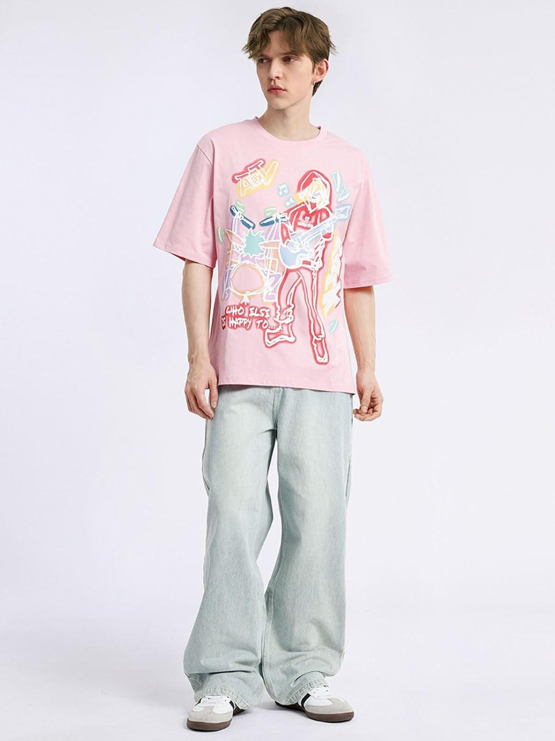imageAelfric Eden Graphic Tees Men Y2k Oversized T Shirts Women Hip Hop Character Vintage Tees Unisex Summer TopsPink