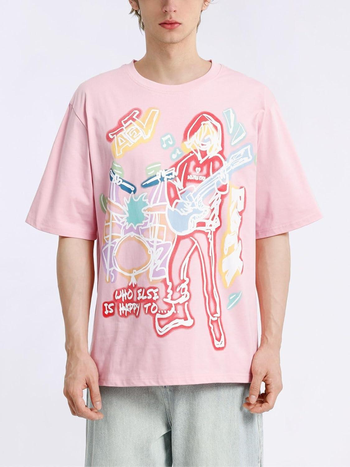 imageAelfric Eden Graphic Tees Men Y2k Oversized T Shirts Women Hip Hop Character Vintage Tees Unisex Summer TopsPink