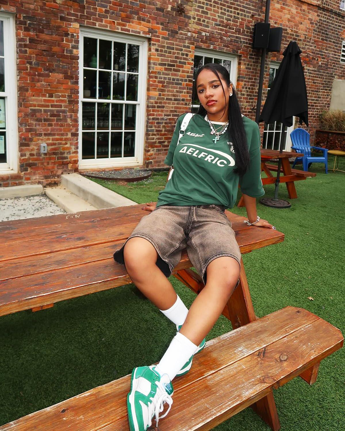 imageAelfric Eden Graphic Tees Y2k Women Oversized T Shirts Striped Patchwork Crewneck Unisex Streetwear TopsGreen
