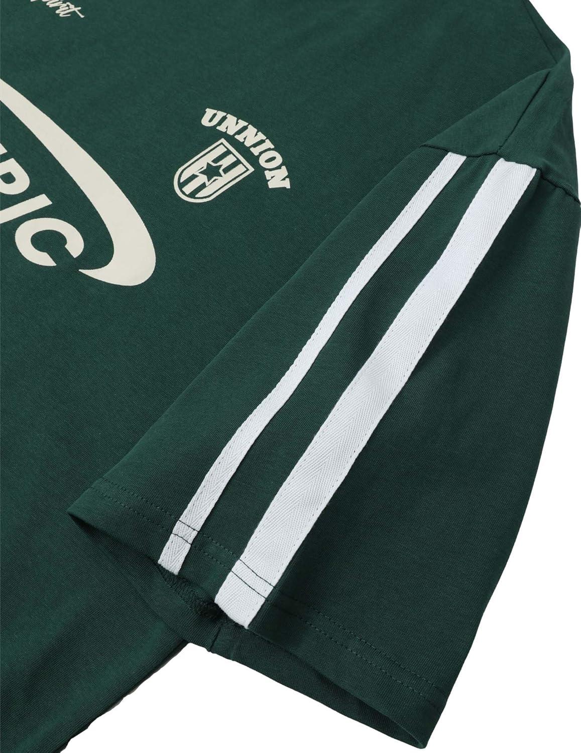 imageAelfric Eden Graphic Tees Y2k Women Oversized T Shirts Striped Patchwork Crewneck Unisex Streetwear TopsGreen