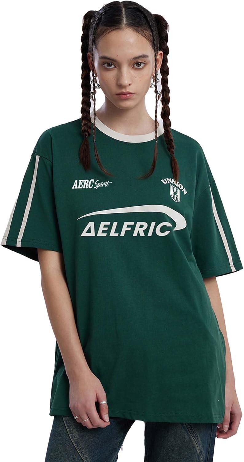imageAelfric Eden Graphic Tees Y2k Women Oversized T Shirts Striped Patchwork Crewneck Unisex Streetwear TopsGreen