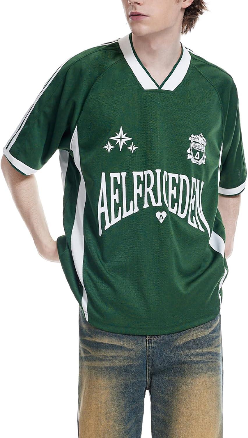 imageAelfric Eden Jersey Shirts Women Oversized Mesh V Neck Graphic Tees Y2k Color Block Short Sleeve T Shirt TopsGreen