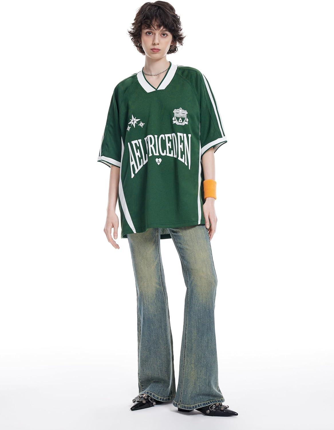 imageAelfric Eden Jersey Shirts Women Oversized Mesh V Neck Graphic Tees Y2k Color Block Short Sleeve T Shirt TopsGreen