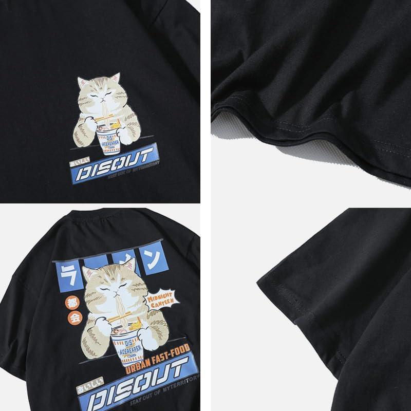 imageAelfric Eden Mens Oversized Ramen Cat Graphic Tees Streetwear Casual Summer Tops TShirt UnisexBlack