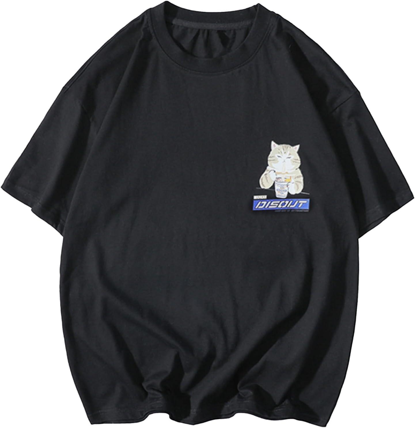 imageAelfric Eden Mens Oversized Ramen Cat Graphic Tees Streetwear Casual Summer Tops TShirt UnisexBlack