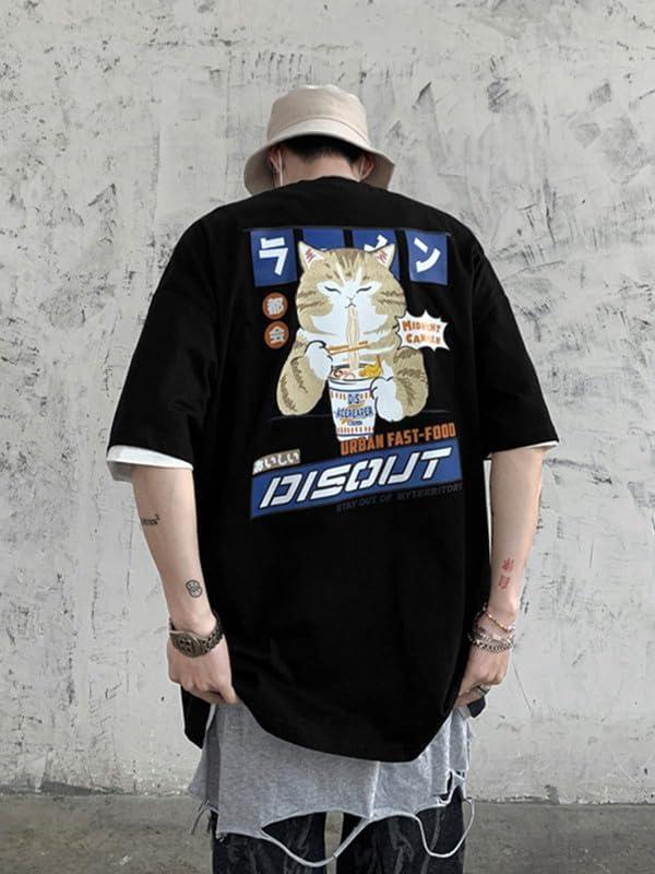 imageAelfric Eden Mens Oversized Ramen Cat Graphic Tees Streetwear Casual Summer Tops TShirt UnisexBlack