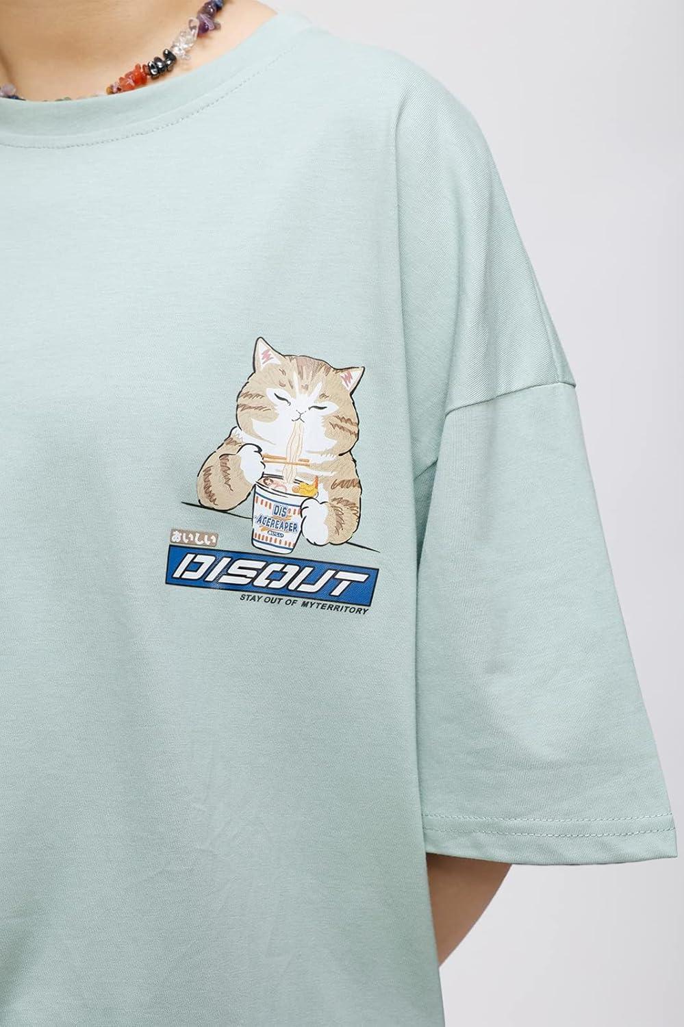 imageAelfric Eden Mens Oversized Ramen Cat Graphic Tees Streetwear Casual Summer Tops TShirt UnisexGreen