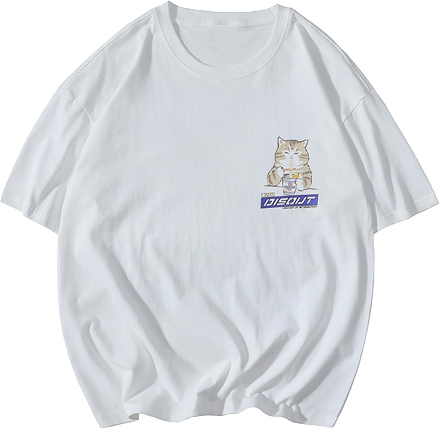 imageAelfric Eden Mens Oversized Ramen Cat Graphic Tees Streetwear Casual Summer Tops TShirt UnisexWhite