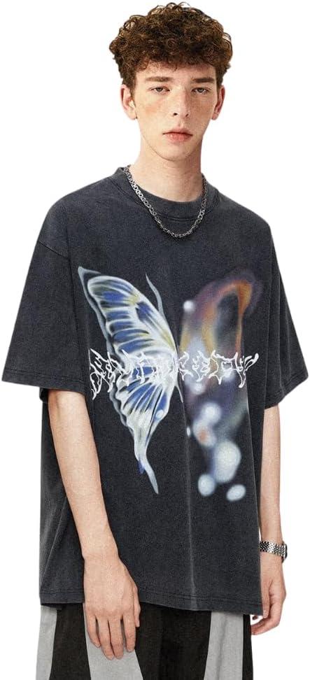 imageAelfric Eden Mens Vintage Graphic Tees Y2K Irregular Butterfly Printed Tee Oversized Streetwear Casual TShirtBlack