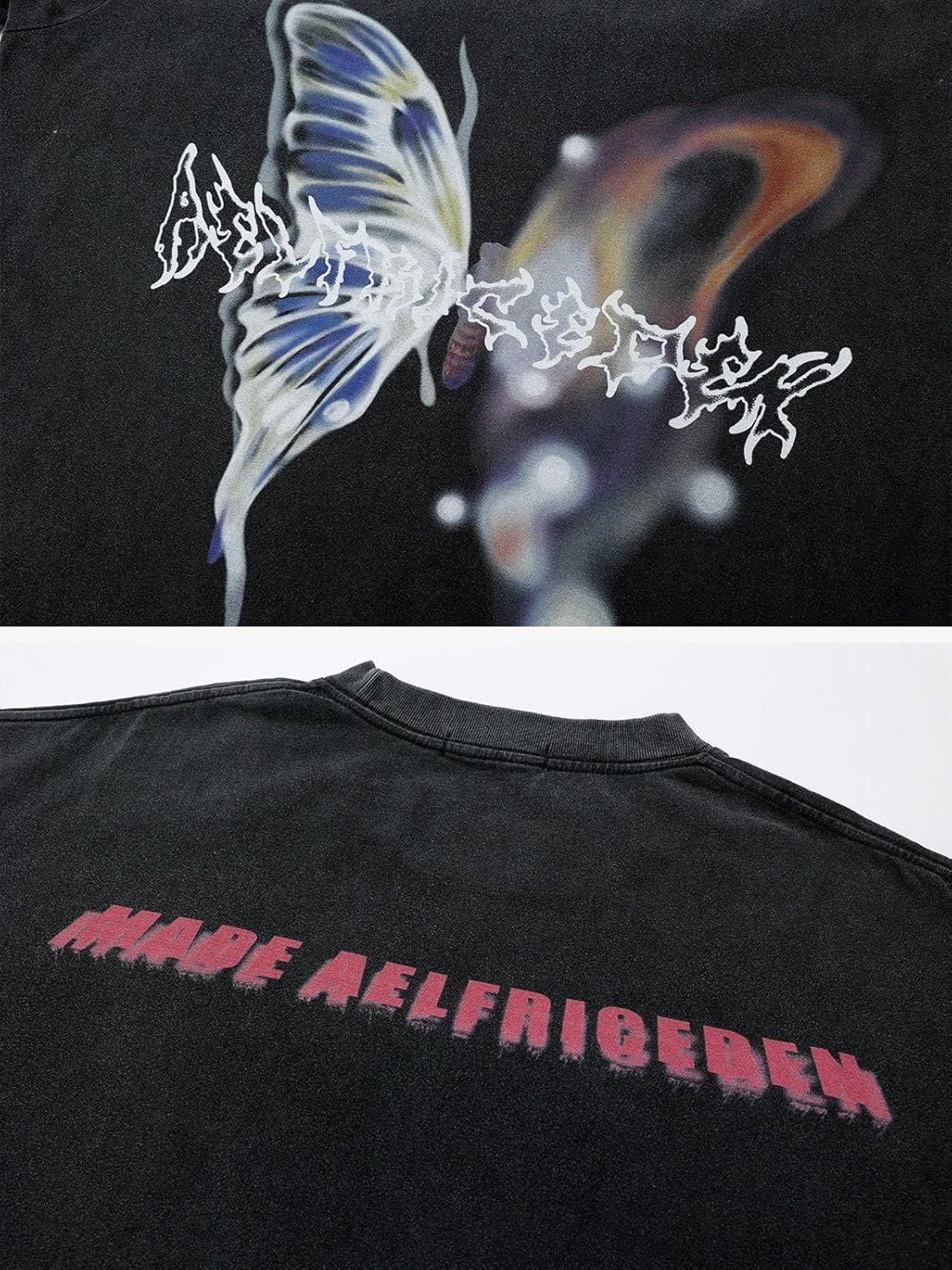 imageAelfric Eden Mens Vintage Graphic Tees Y2K Irregular Butterfly Printed Tee Oversized Streetwear Casual TShirtBlack