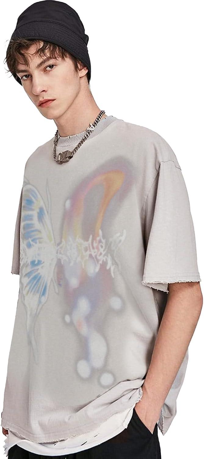 imageAelfric Eden Mens Vintage Graphic Tees Y2K Irregular Butterfly Printed Tee Oversized Streetwear Casual TShirtGray