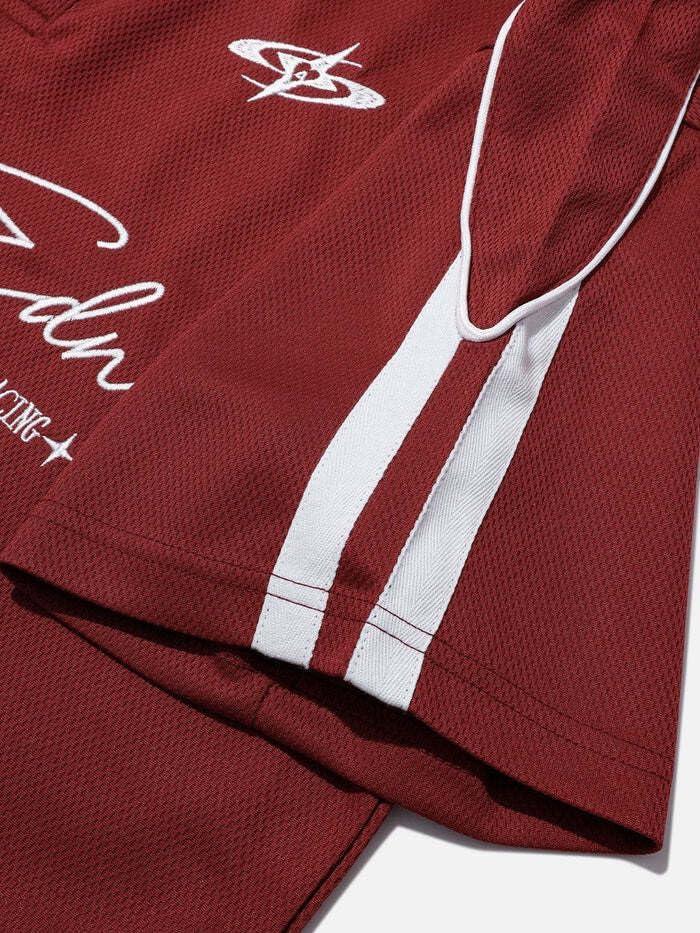imageAelfric Eden Mens Vintage Letter Polo Tee Oversized Button Collar Graphic Patchwork T Shirt Short Sleeve Summer TopsRed