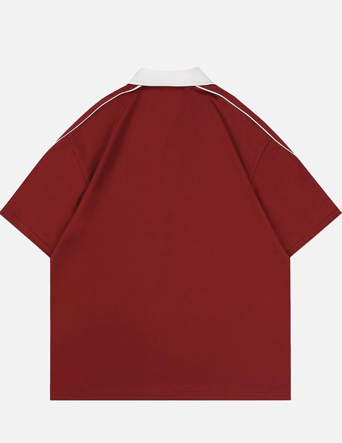 imageAelfric Eden Mens Vintage Letter Polo Tee Oversized Button Collar Graphic Patchwork T Shirt Short Sleeve Summer TopsRed