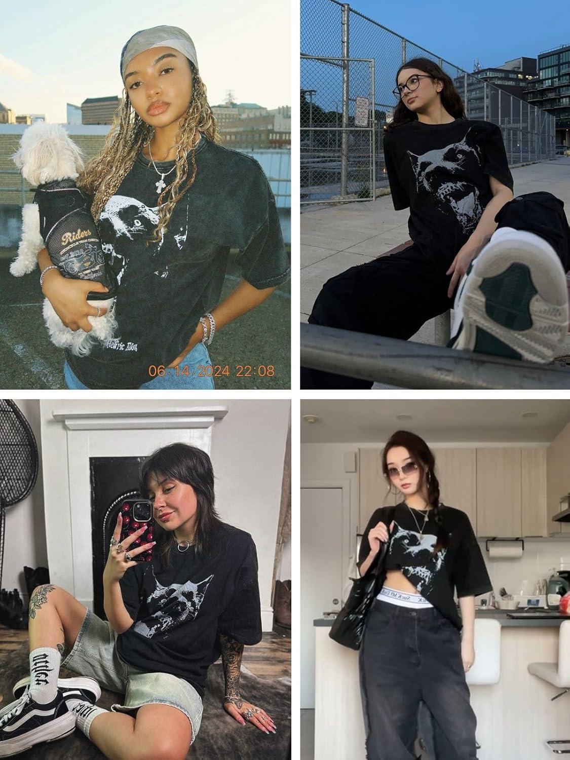 imageAelfric Eden Oversized Tees Graphic Dog Print Tshirt Washed Cotton Short Sleeve Summer Streetwear Vintage Unisex TopsBlack