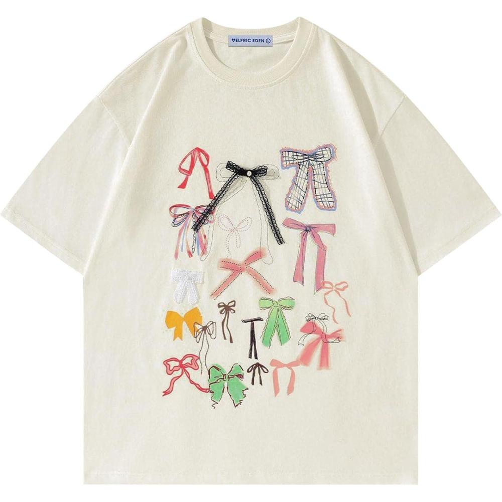 imageAelfric Eden Bow Shirt for Women Oversized Graphic Tees Y2K Cute Print Short Sleeve TShirt Casual Summer Cotton TopBeige