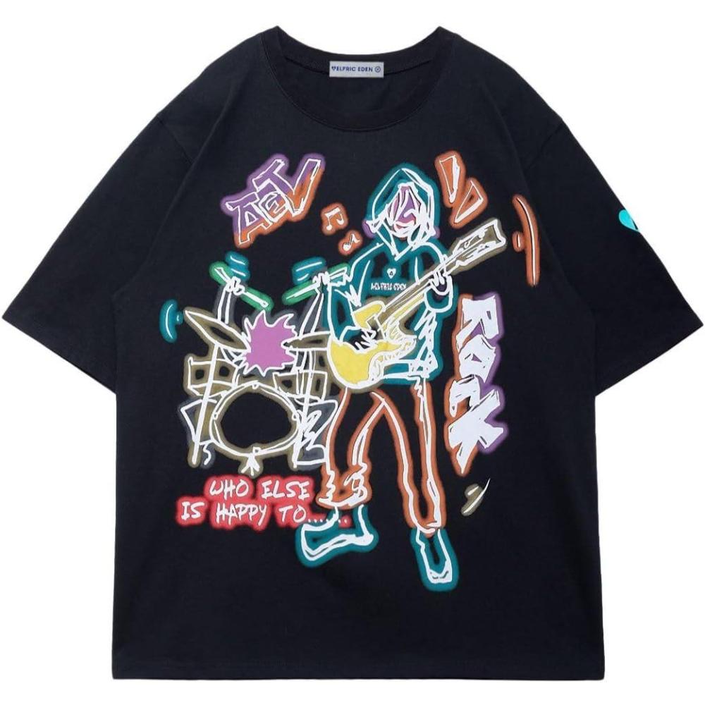 imageAelfric Eden Graphic Tees Men Y2k Oversized T Shirts Women Hip Hop Character Vintage Tees Unisex Summer TopsBlack