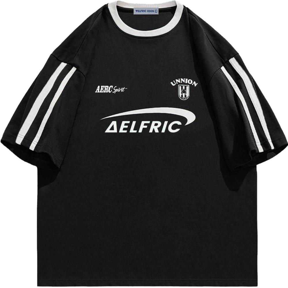 imageAelfric Eden Graphic Tees Y2k Women Oversized T Shirts Striped Patchwork Crewneck Unisex Streetwear TopsBlack
