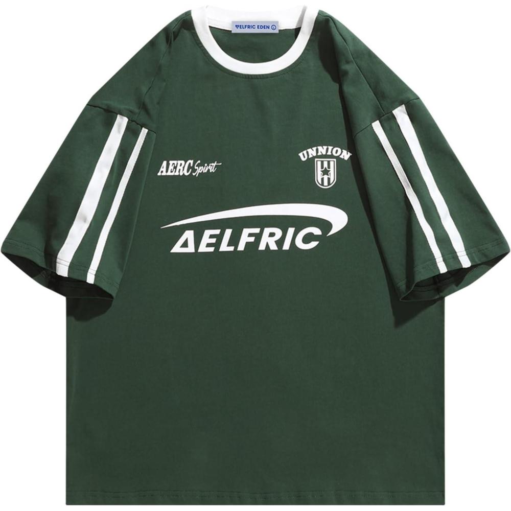 imageAelfric Eden Graphic Tees Y2k Women Oversized T Shirts Striped Patchwork Crewneck Unisex Streetwear TopsGreen