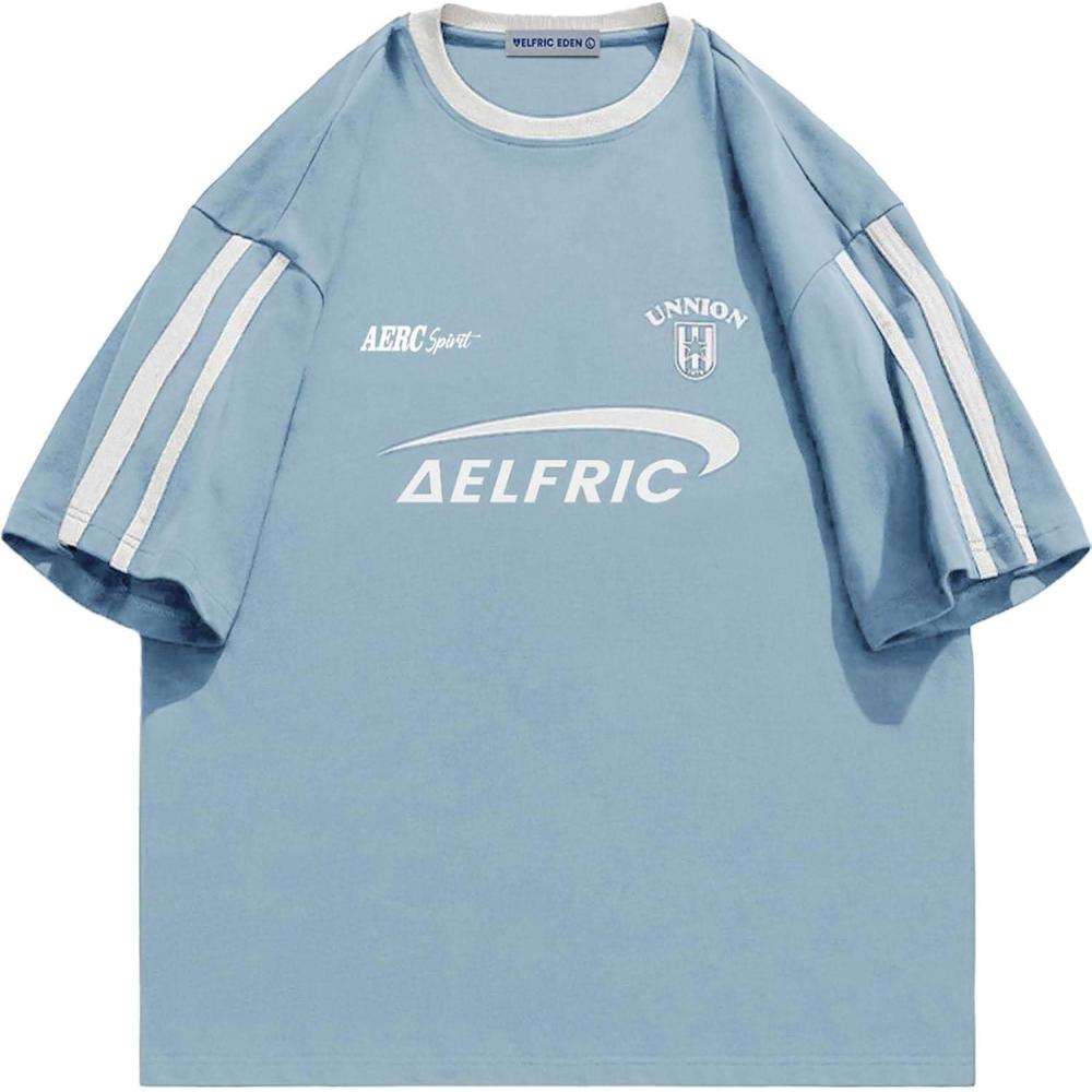 imageAelfric Eden Graphic Tees Y2k Women Oversized T Shirts Striped Patchwork Crewneck Unisex Streetwear TopsLight Blue