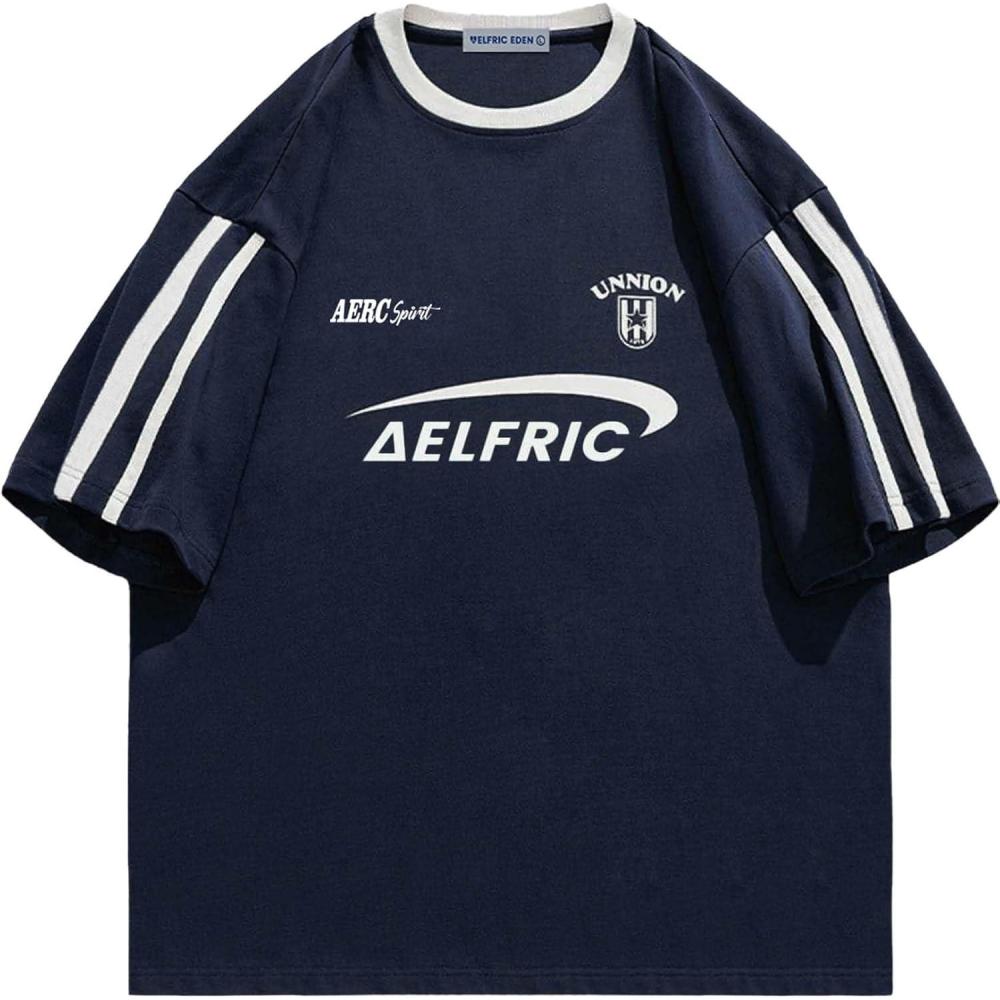 imageAelfric Eden Graphic Tees Y2k Women Oversized T Shirts Striped Patchwork Crewneck Unisex Streetwear TopsNavy Blue