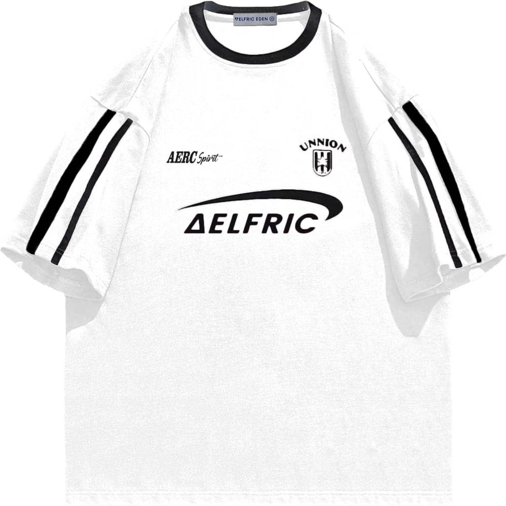 imageAelfric Eden Graphic Tees Y2k Women Oversized T Shirts Striped Patchwork Crewneck Unisex Streetwear TopsWhite