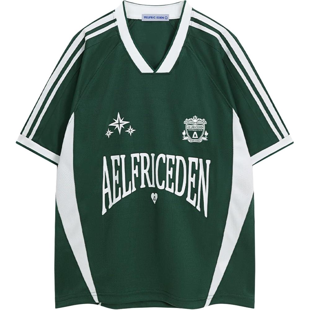 imageAelfric Eden Jersey Shirts Women Oversized Mesh V Neck Graphic Tees Y2k Color Block Short Sleeve T Shirt TopsGreen