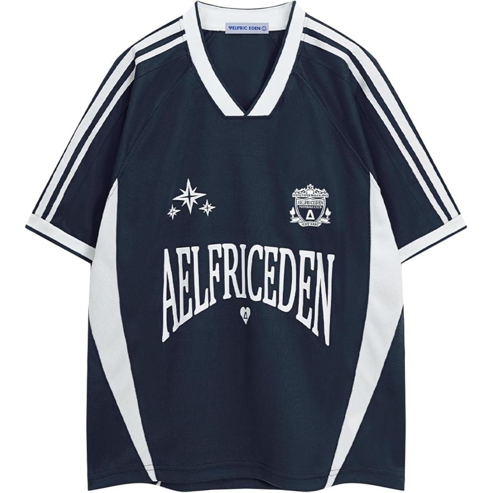 imageAelfric Eden Jersey Shirts Women Oversized Mesh V Neck Graphic Tees Y2k Color Block Short Sleeve T Shirt TopsNavy Blue