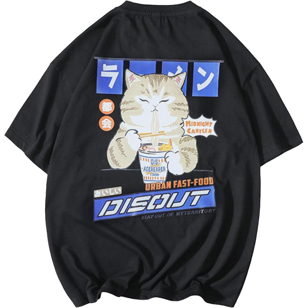 imageAelfric Eden Mens Oversized Ramen Cat Graphic Tees Streetwear Casual Summer Tops TShirt UnisexBlack