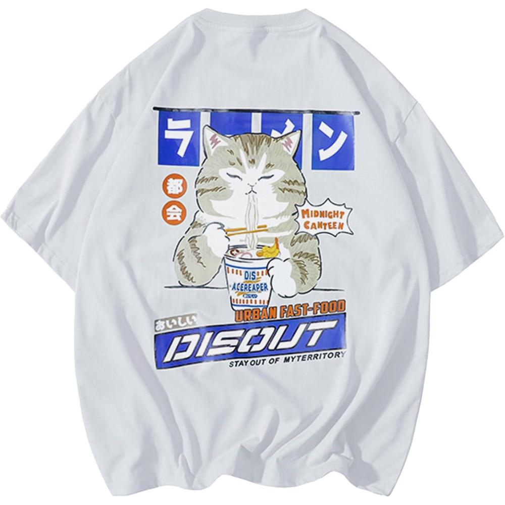 imageAelfric Eden Mens Oversized Ramen Cat Graphic Tees Streetwear Casual Summer Tops TShirt UnisexWhite