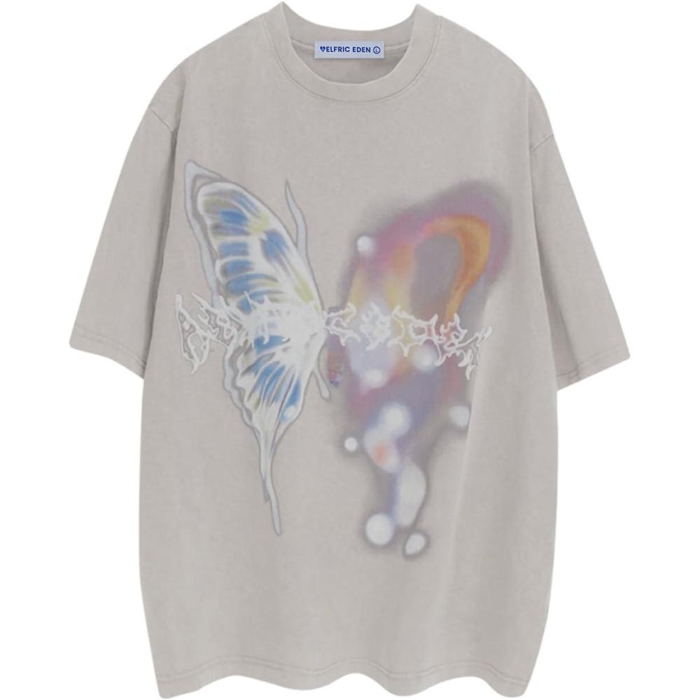 imageAelfric Eden Mens Vintage Graphic Tees Y2K Irregular Butterfly Printed Tee Oversized Streetwear Casual TShirtGray