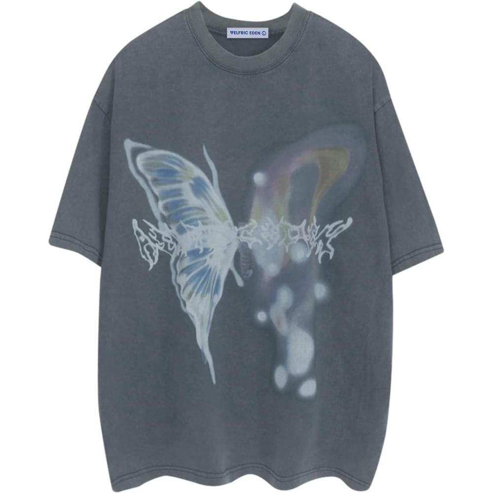 imageAelfric Eden Mens Vintage Graphic Tees Y2K Irregular Butterfly Printed Tee Oversized Streetwear Casual TShirtNavy Blue